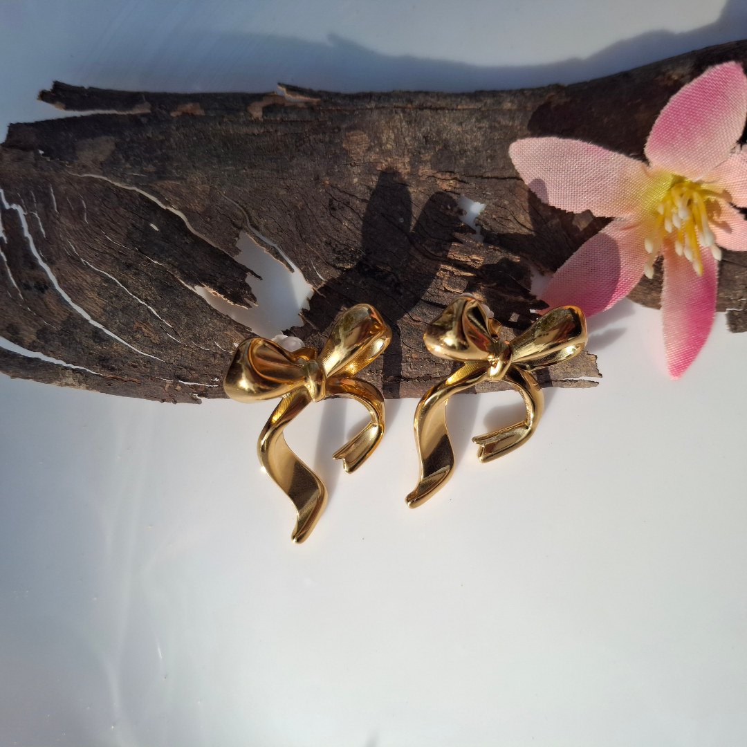 Golden Ribbon Bow Drop Earrings
