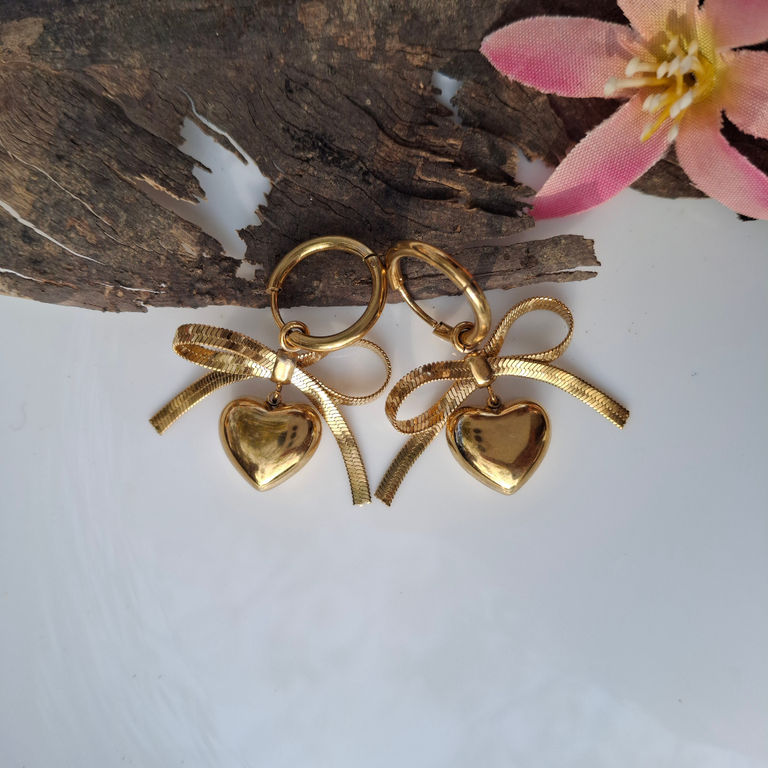 Golden Heart Bow Hoop Earrings