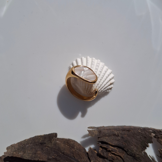Golden Oval Shell Stone Adjustable Ring